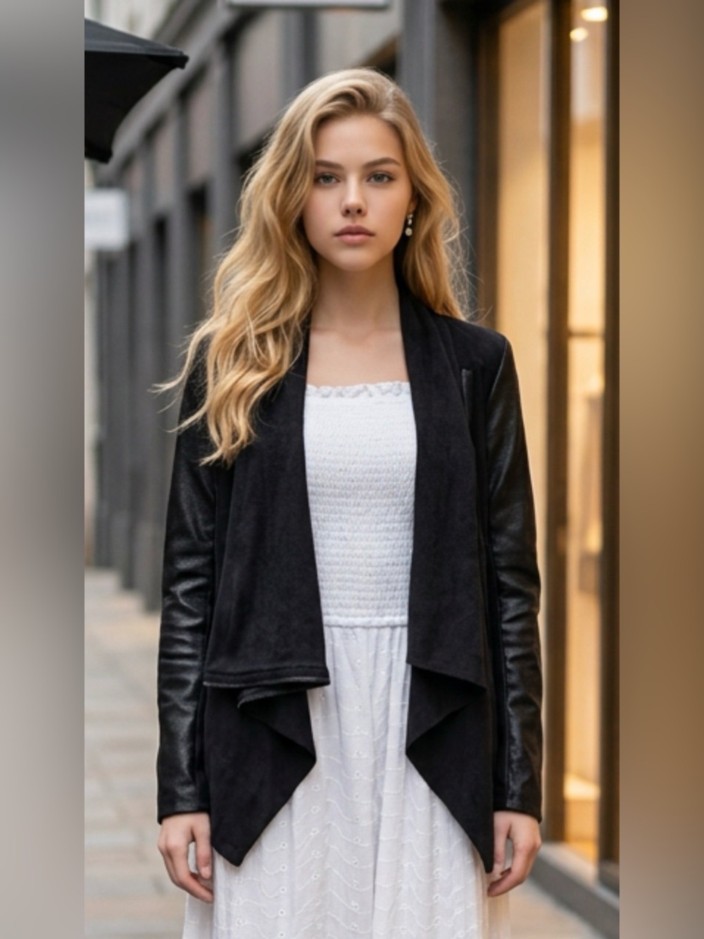 Blank NYC Black Draped Jacket with Faux-Leather Sleeves